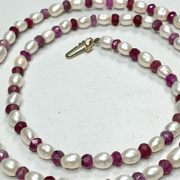 14K Pearl Ruby Necklace Single Strand 18” - Picture 3 of 6